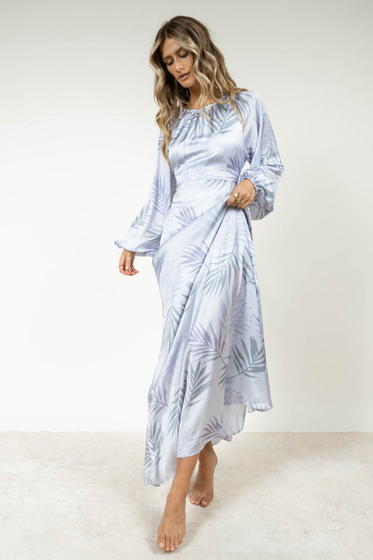 blue long sleeve printed dress