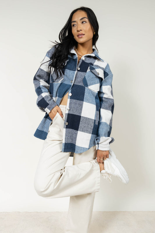 blue and white shirt jacket with wide leg denim