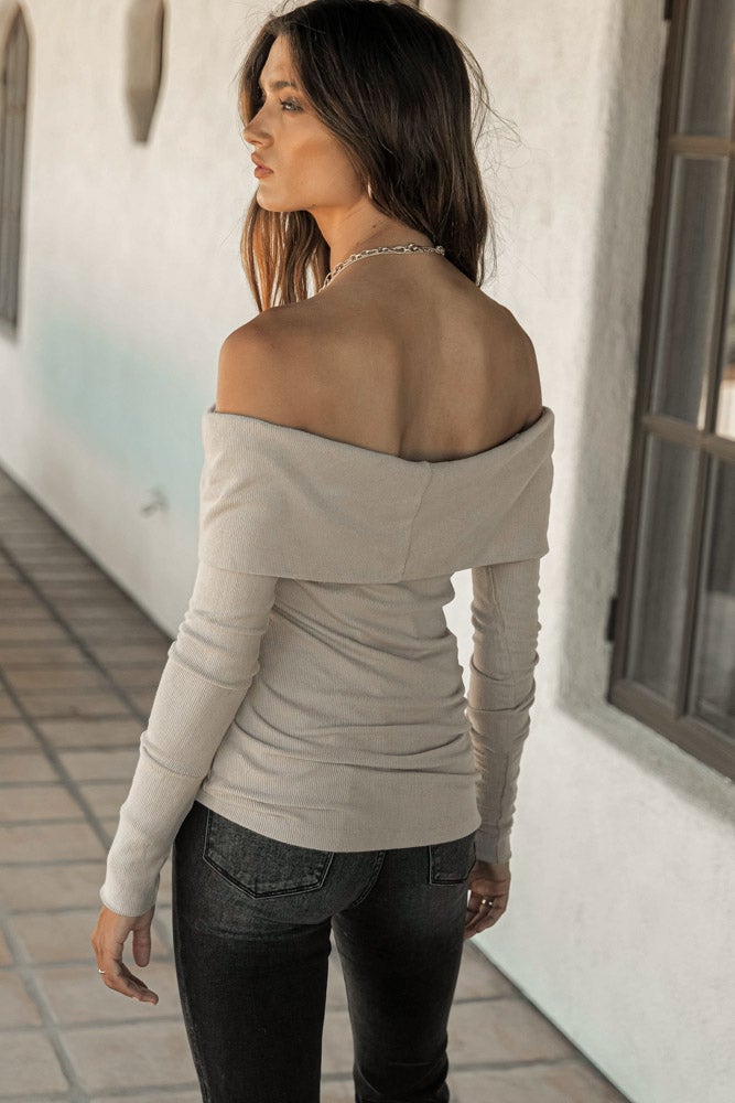 taupe fitted off the shoulder top 