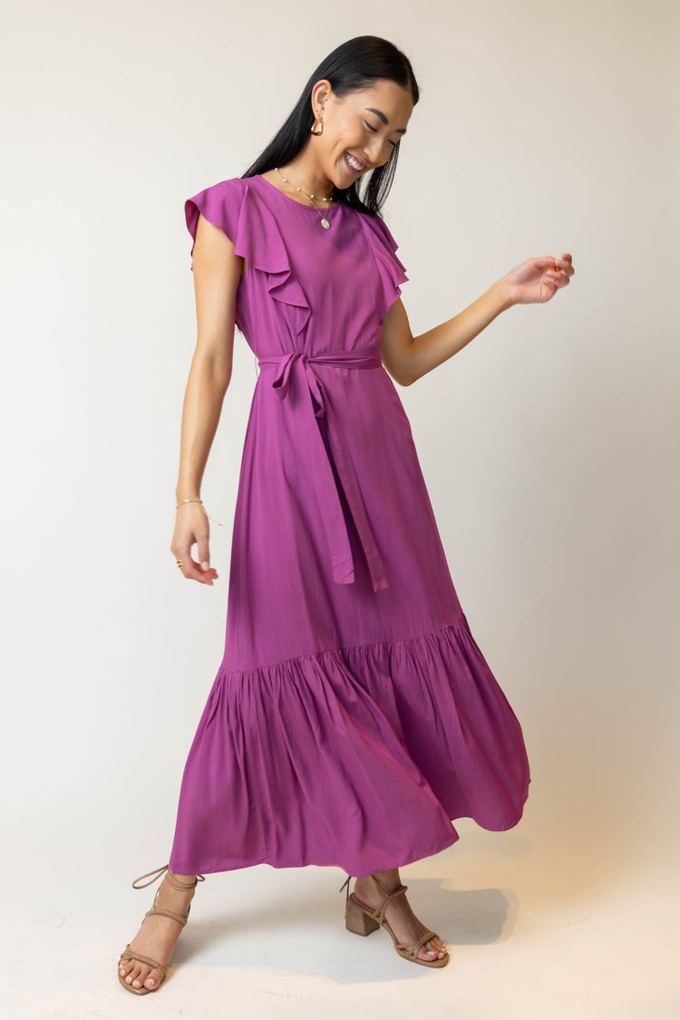 magenta maxi dress with short sleeves