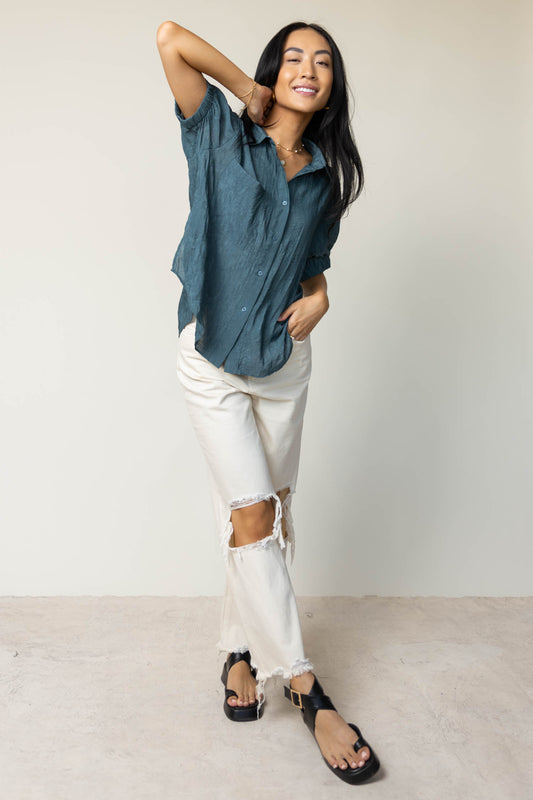 teal button down blouse