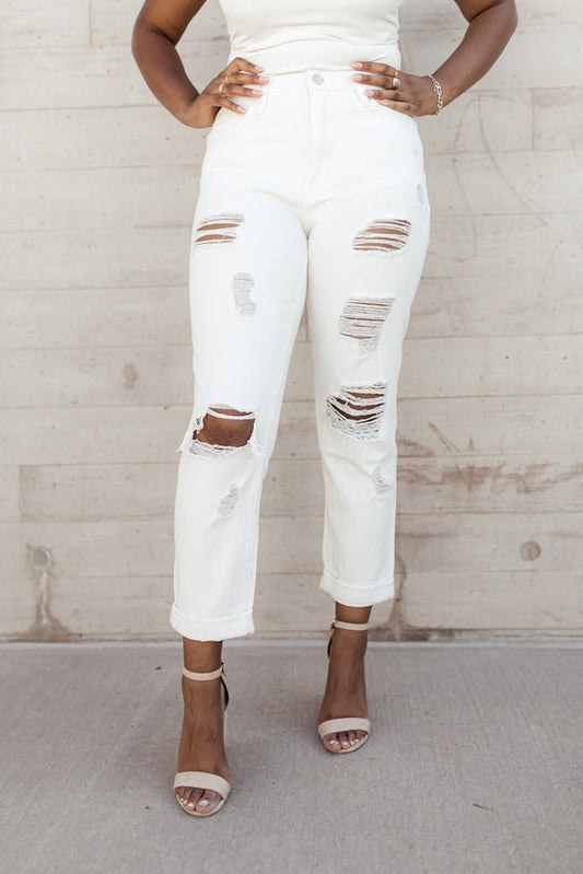 cropped jeans with distressed knee detail