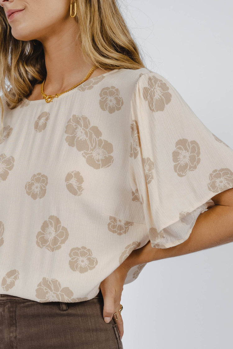 oatmeal floral blouse with round neck