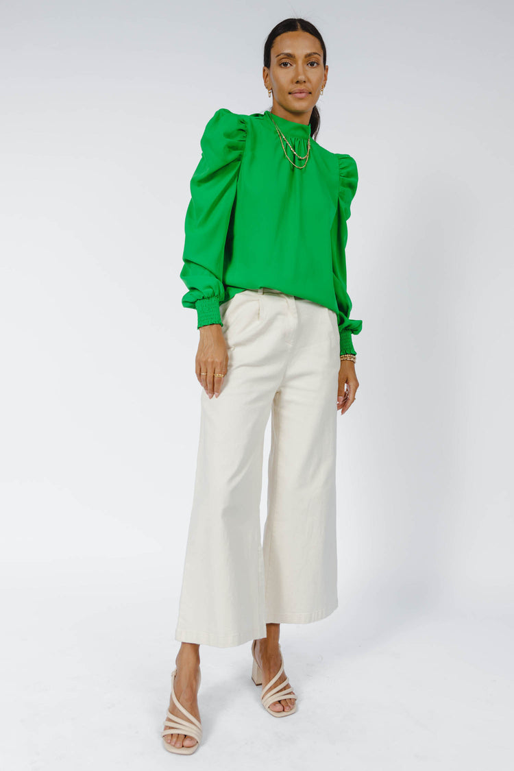 high neck blouse with puff sleeve