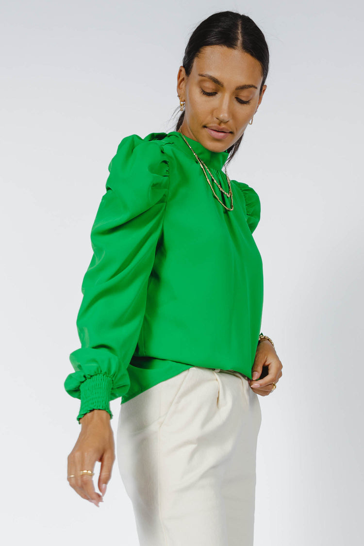high neck blouse with long sleeves