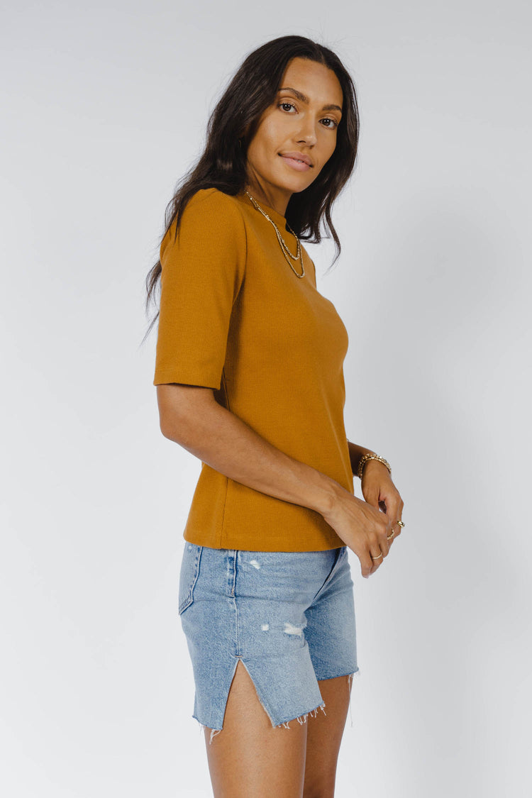 camel colored short sleeve top