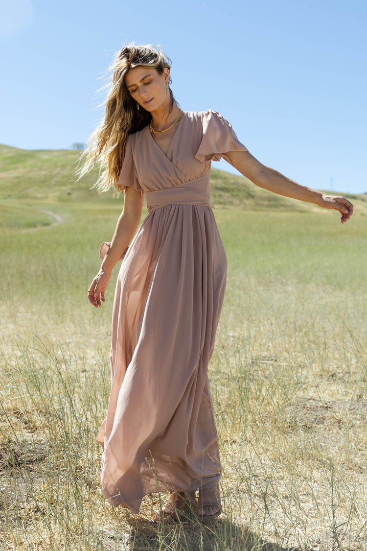 taupe maxi dress with short sleeves