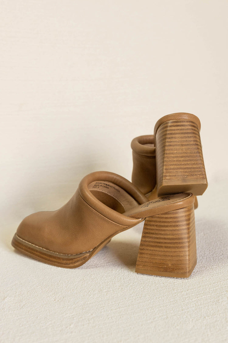 brown mule with wooden heel