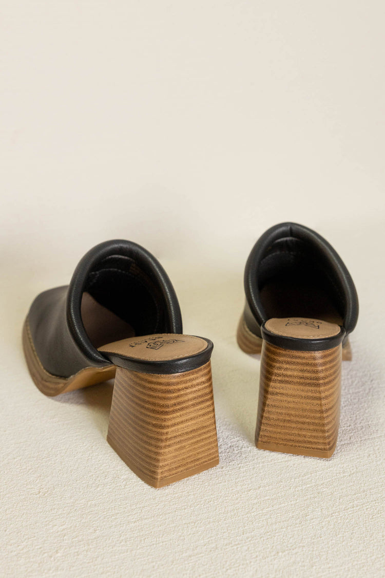 black mules with wooden heel