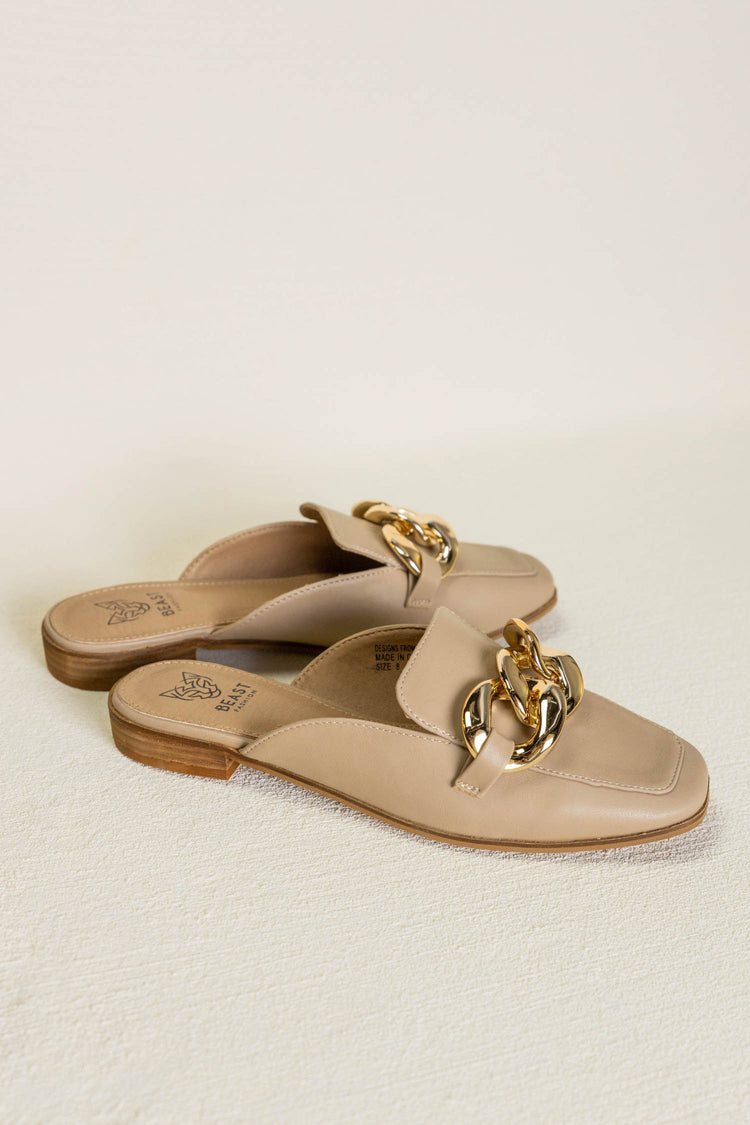 taupe mule with chain detail