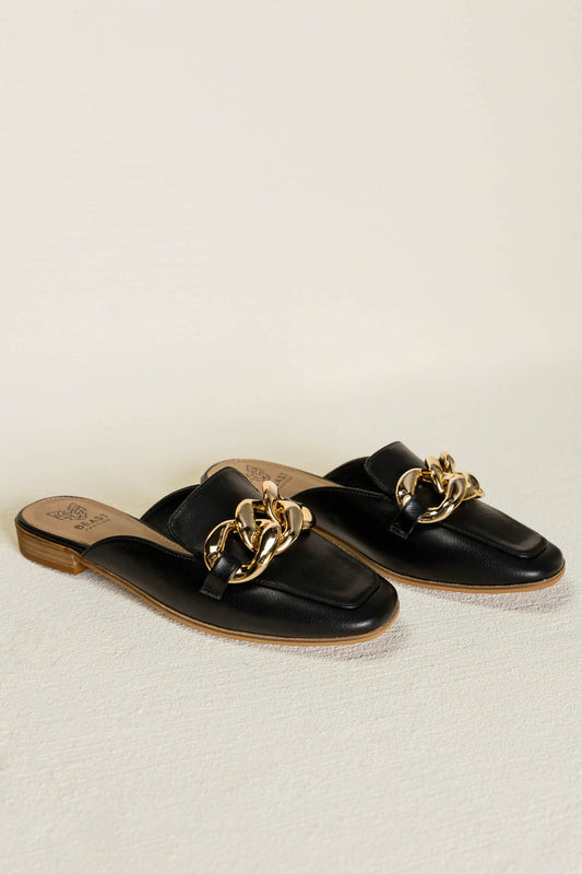 black mules with chain detail