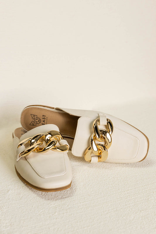 beige  mules with gold chain