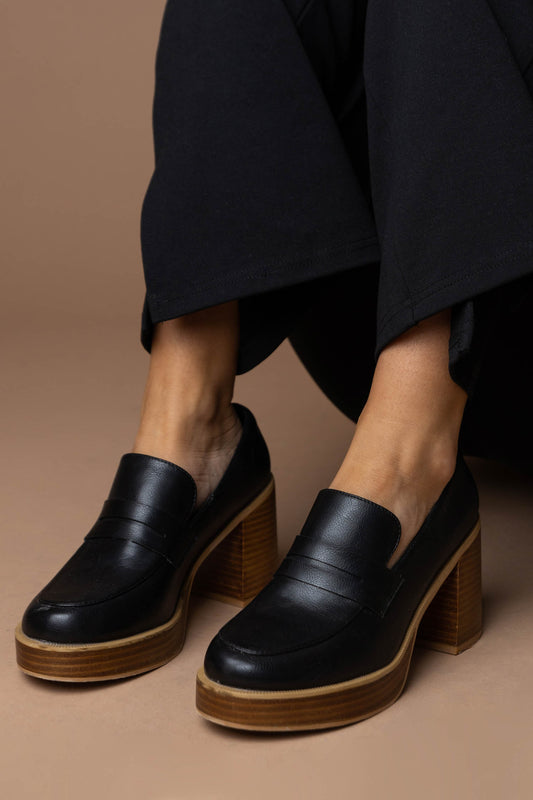 black loafers with wooden heel