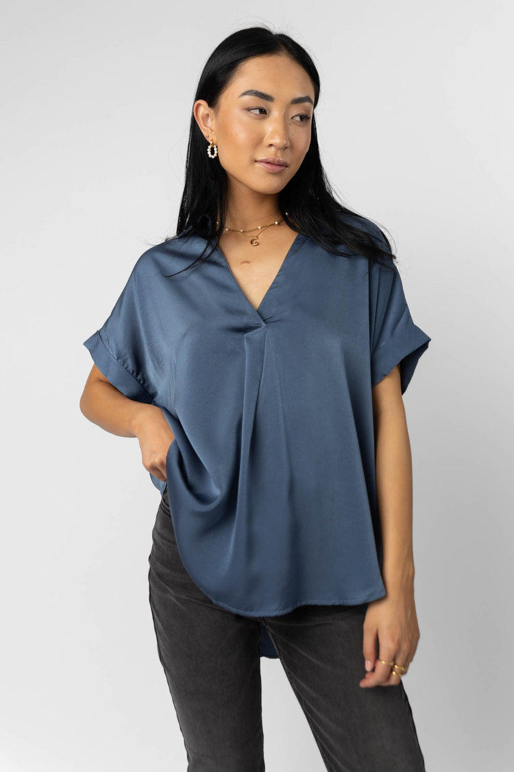 blue blouse with V-neck