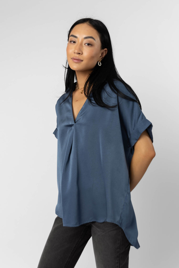 loose fitted blue short sleeve blouse