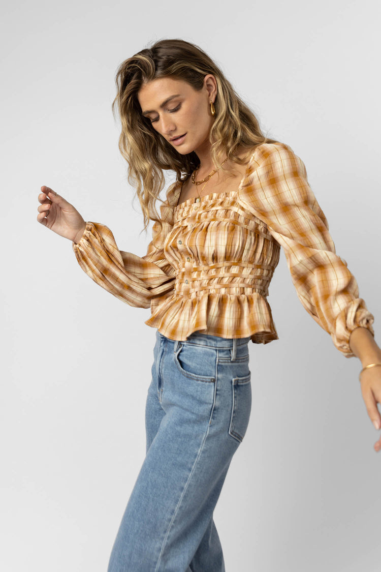 plaid cropped blouse with long sleeves
