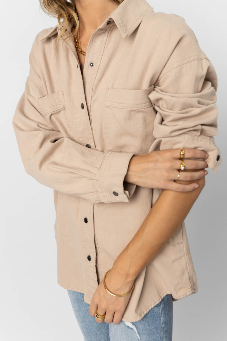 beige shirt jacket with pockets
