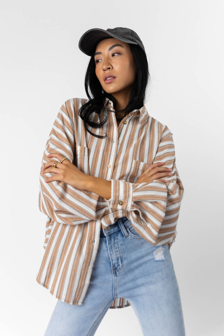 oversized tan vertical striped button down