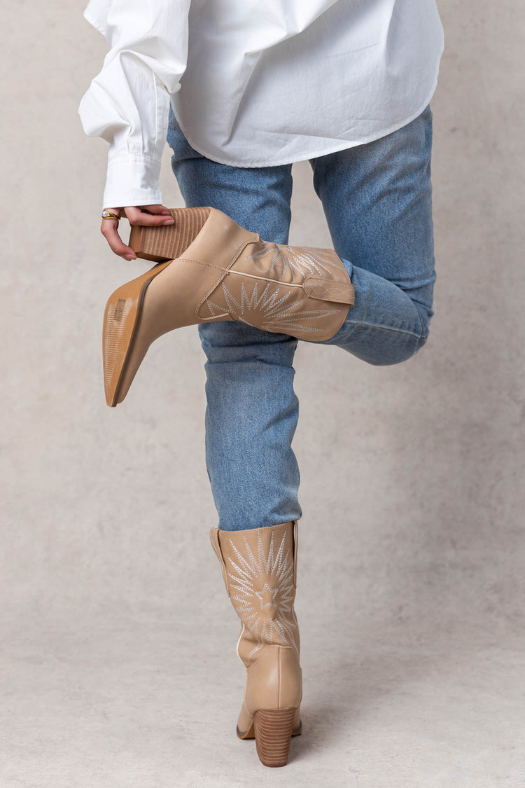 beige western boots with block heel