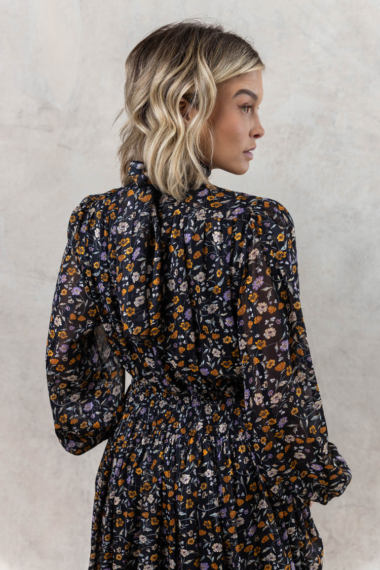 mock neck floral dress with sheer sleeves