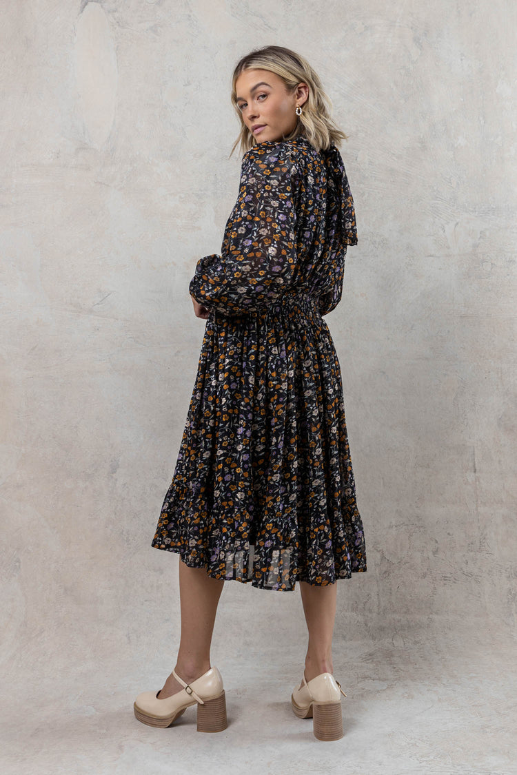 mock neck floral printed pleated dress
