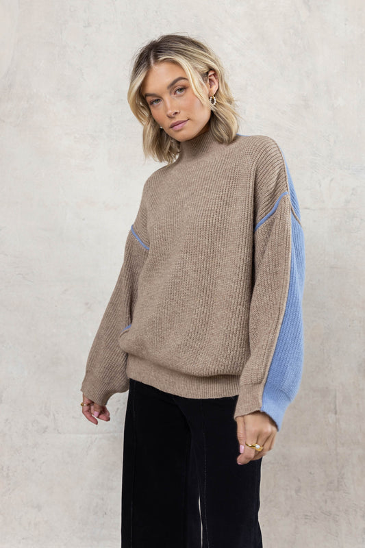 Mock neck colorblock sweater in taupe 