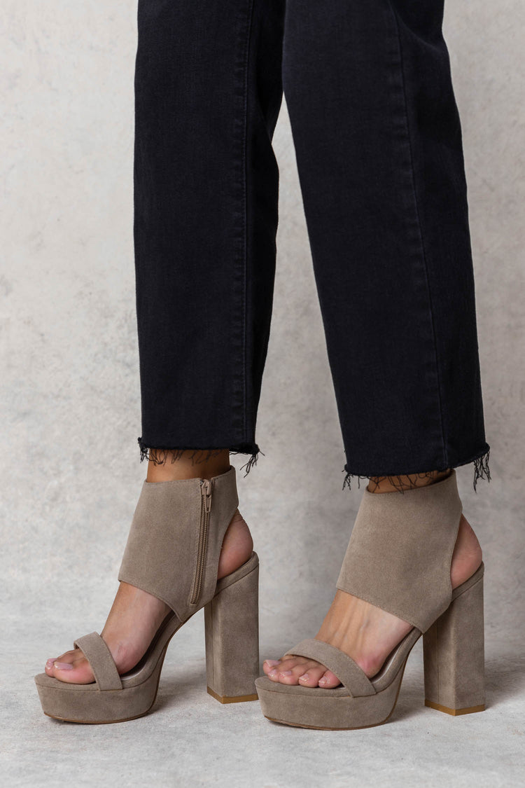 taupe faux suede heels