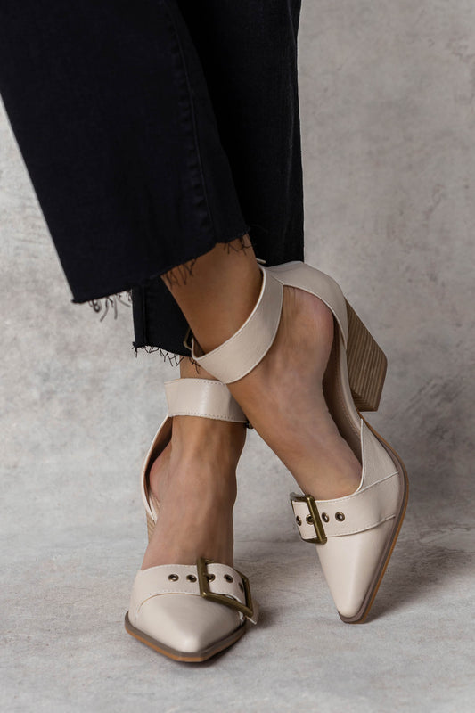 ivory buckle heel with pointed toe