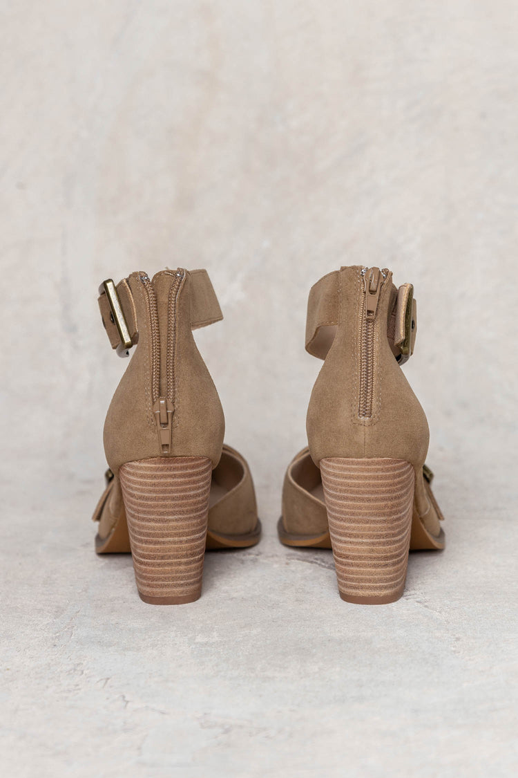 khaki block heels with zipper