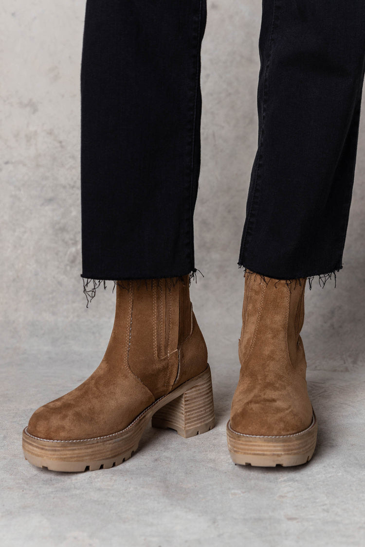 faux suede boots with wooden heel