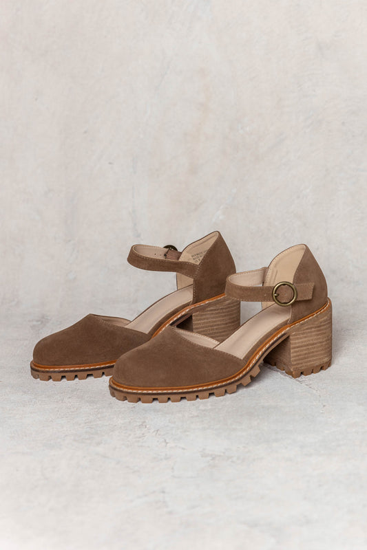 brown heels with wooden block heels