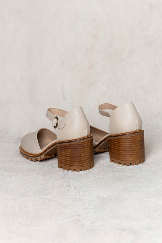 beige heels with wooden block heels