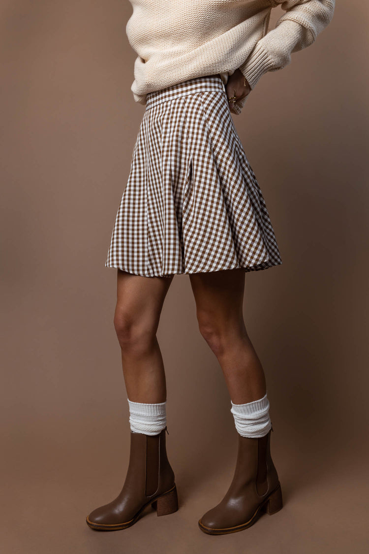 Gabby Pleated Gingham Skirt in Brown - FINAL SALE