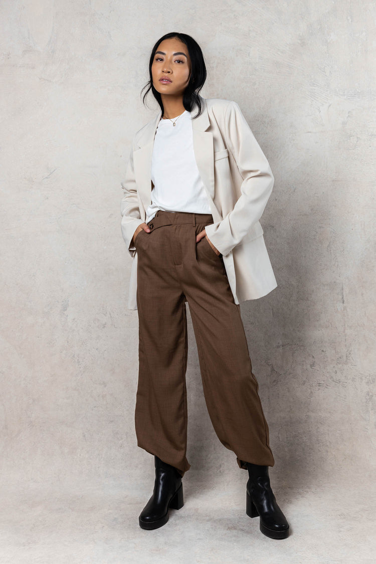 Brown Blouse with White Wide Leg Pants