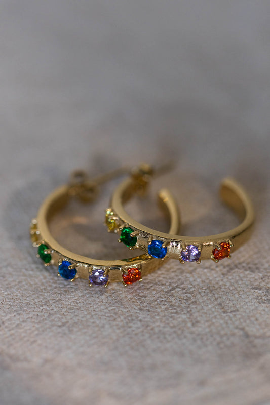 gold stud hoops with colorful gems