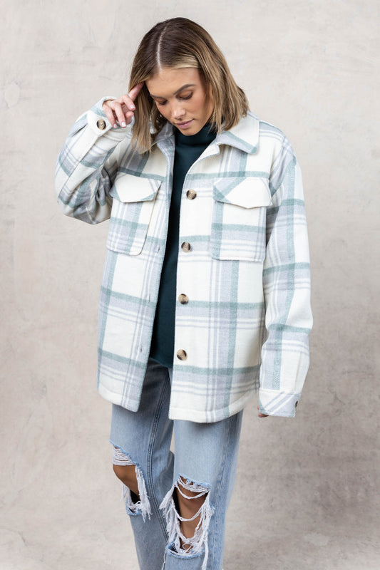 sage shacket with plaid pattern