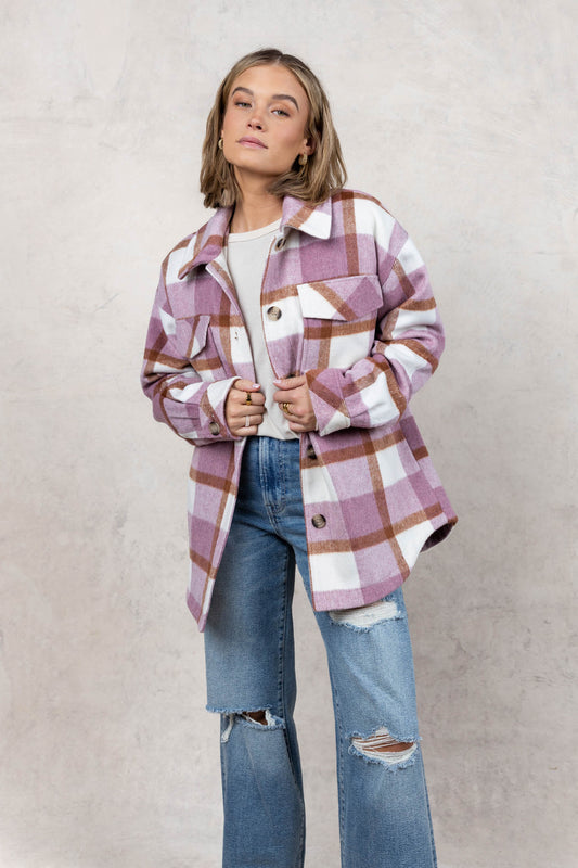 rose plaid shacket with pockets