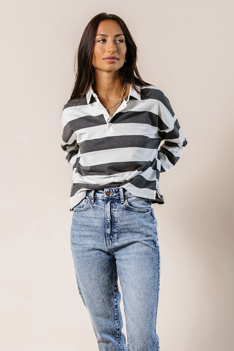 Rylan Rugby Stripe Top in Charcoal