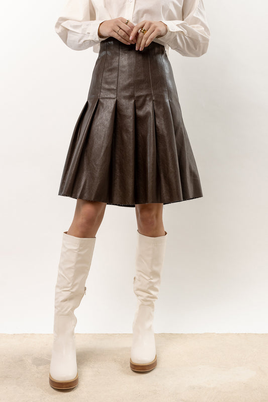 brown pleated leather skirt