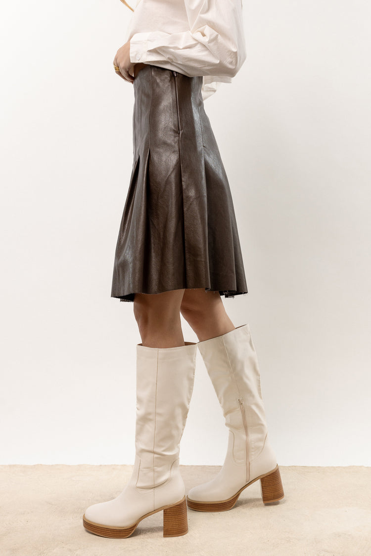 brown leather knee length skirt with drop waist