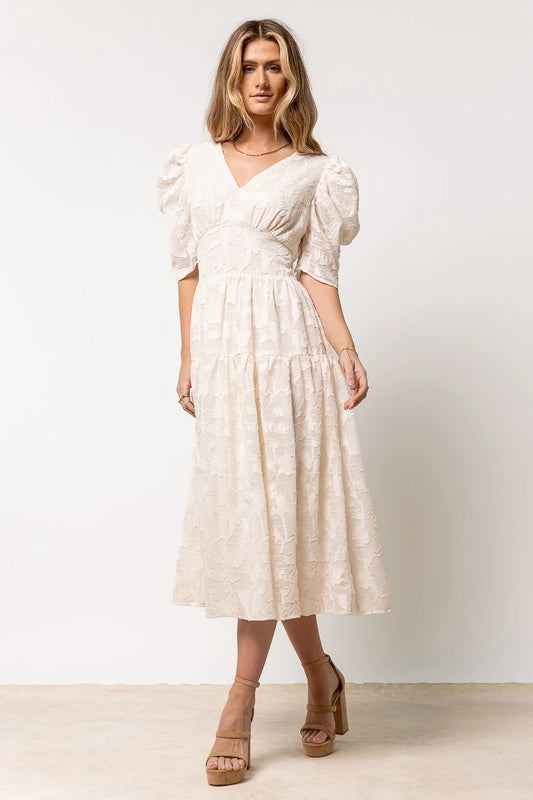 cream short sleeve midi dress