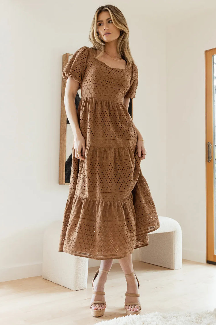 Brown Midi Dress pared with nude high heels