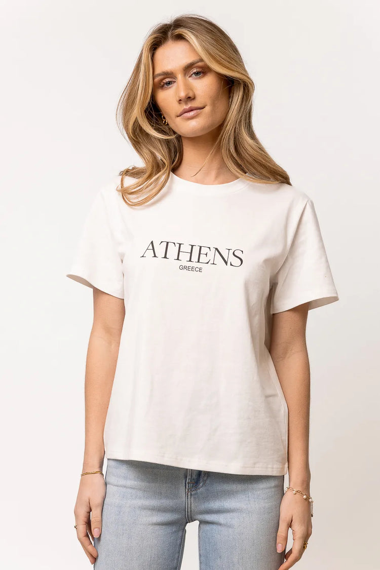 white tee shirt with athens greece graphic in black