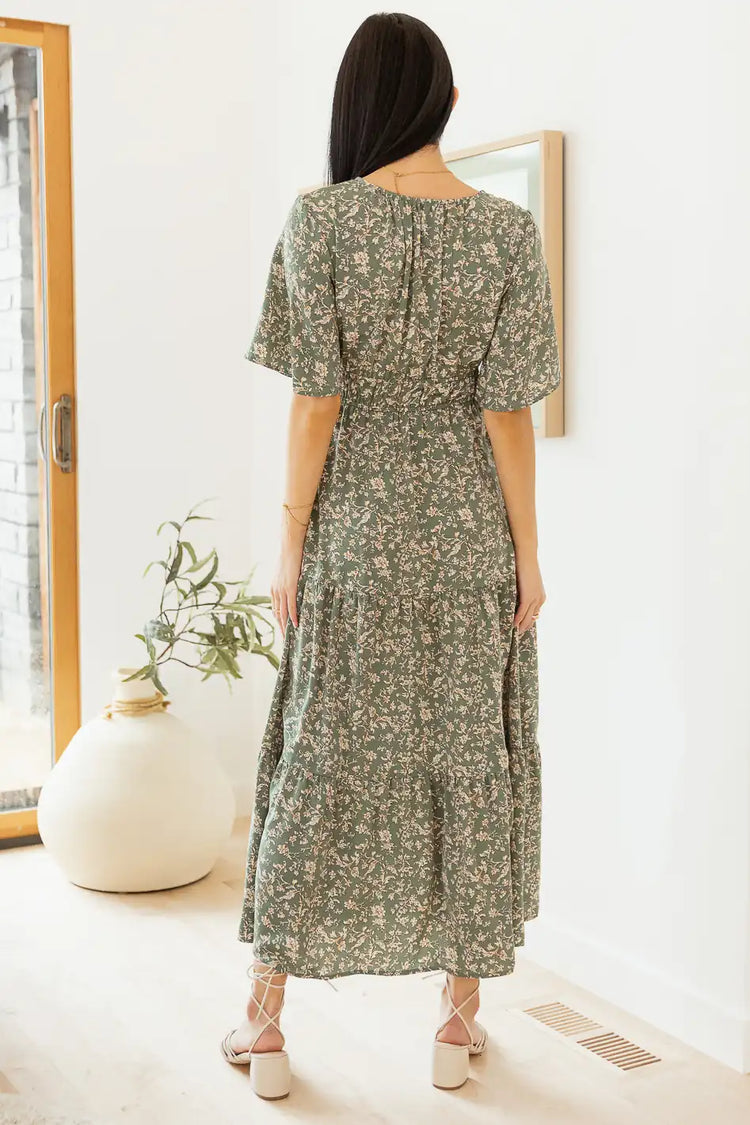 green floral midi dress with elastic waist