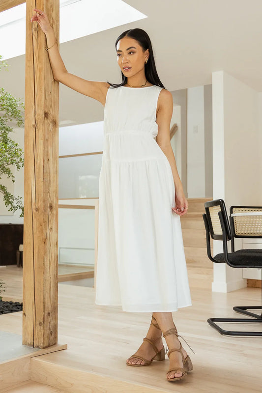 white sleeveless midi dress