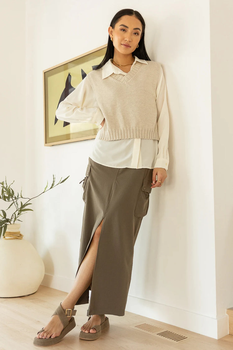 olive cargo skirt paired with vest