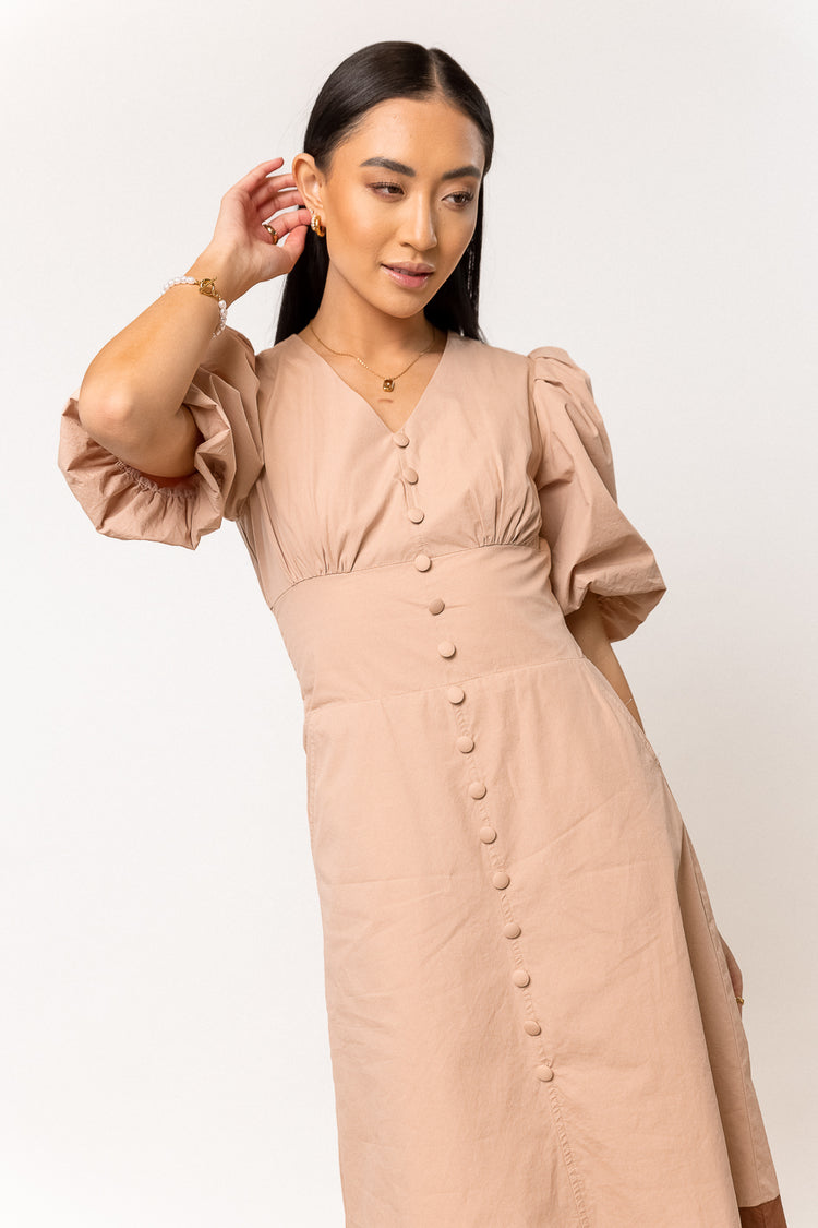 nude dress with front button detail