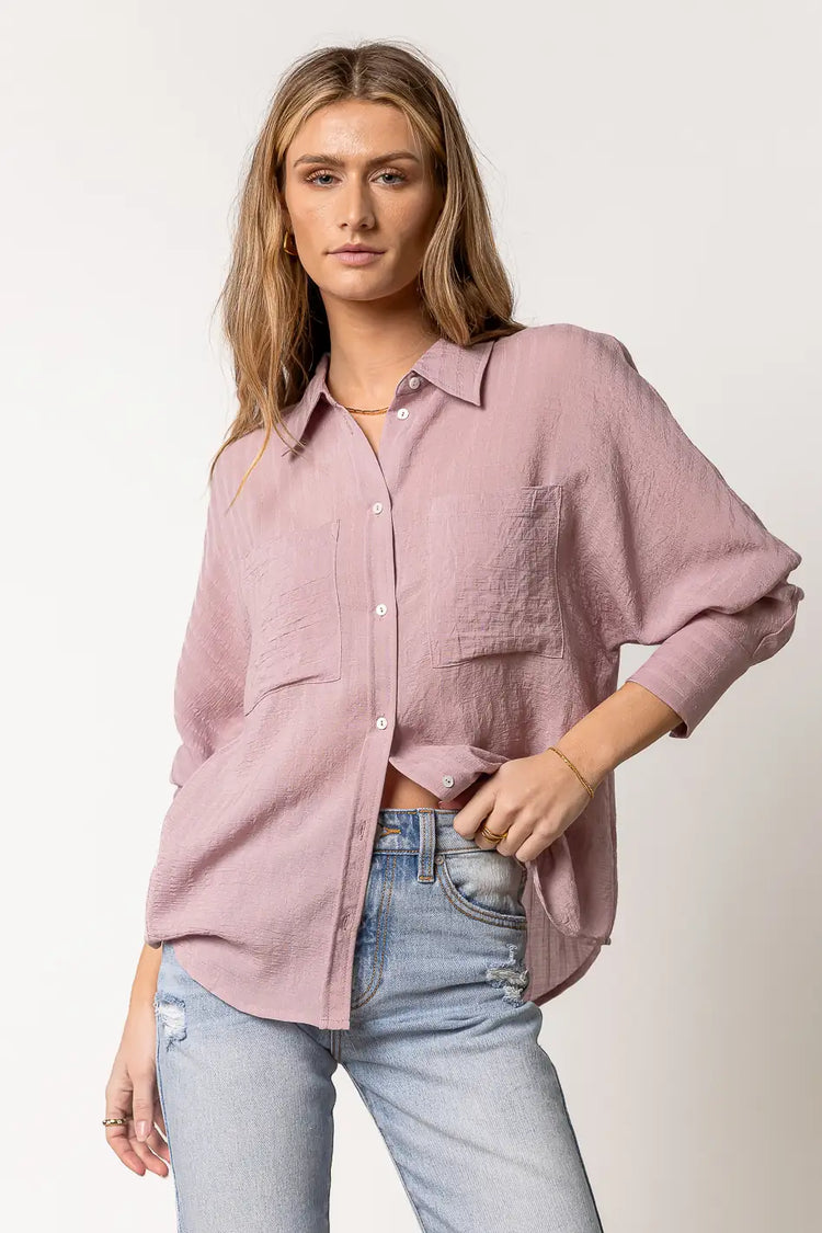 long sleeve lavender collared shirt