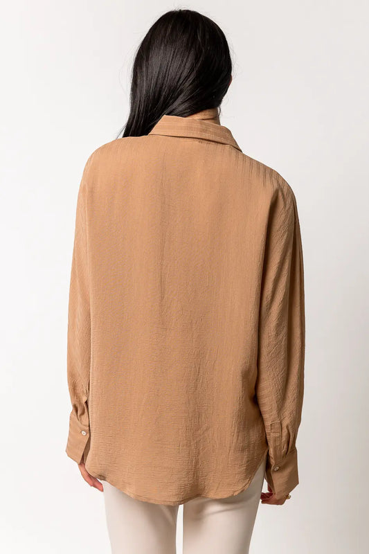 long sleeve tan button up with collar