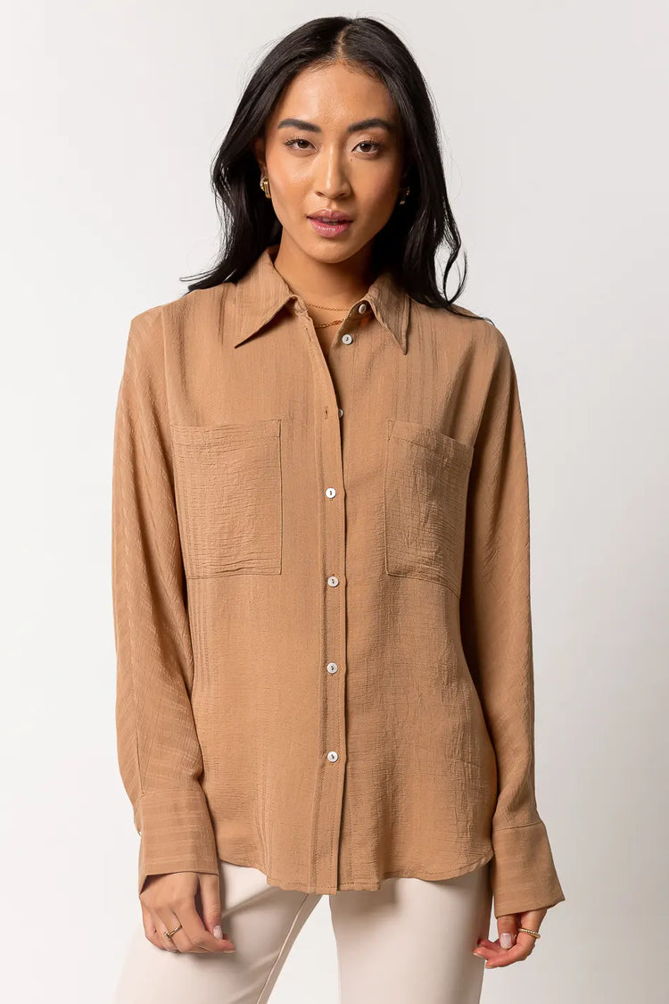 long sleeve tan button down with collar